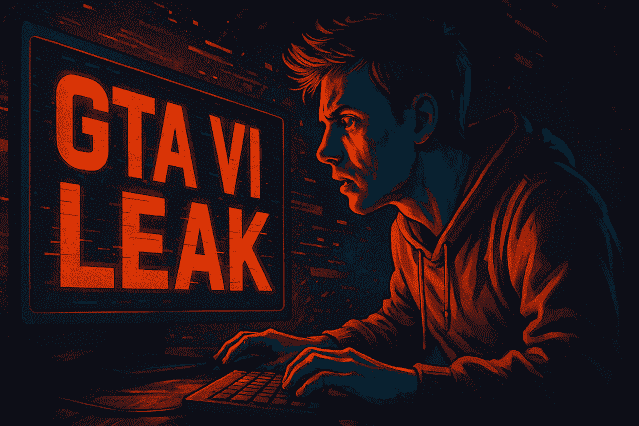 Ein junger Entwickler vor einem Bildschirm mit der Aufschrift „GTA VI Leak“ – symbolisch für einen folgenschweren Datenskandal.