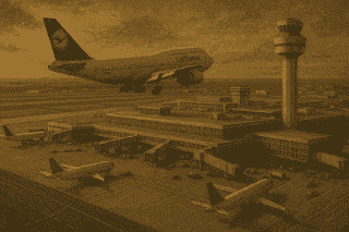 Lufthansa-Flugzeug beim Landeanflug auf den Flughafen Frankfurt mit Tower und Abfertigungsbereich im Hintergrund.