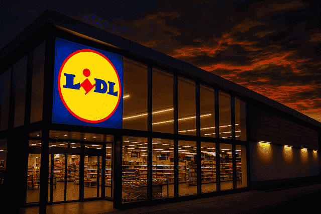Außenansicht einer Lidl-Filiale bei Sonnenuntergang – Symbolbild für die globale Präsenz des Discounters