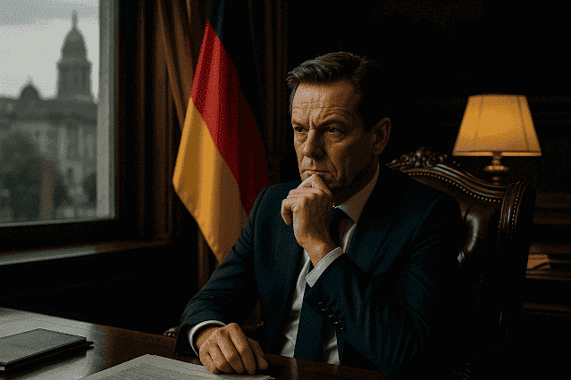 Ein nachdenklicher Politiker sitzt am Schreibtisch vor einer Deutschlandflagge – Symbol für politische Verantwortung und Privatsphäre.