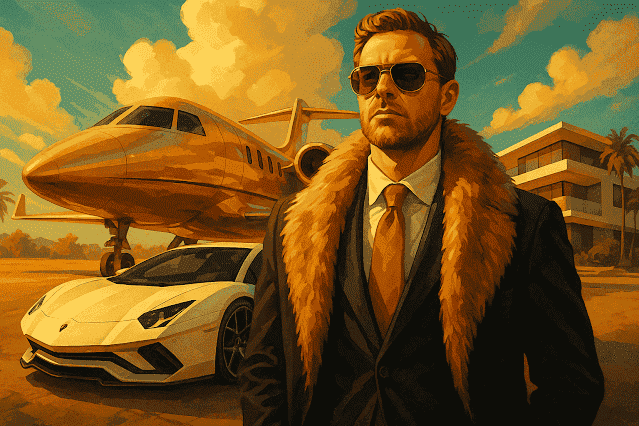 Ein Mann im Anzug mit Pelzbesatz vor Luxusauto und Privatjet – symbolisch für exklusive Besitztümer von Milliardären.