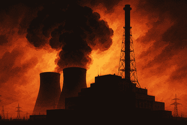 Industrieanlage mit rauchenden Kühltürmen vor oranger Himmel – Symbolbild für den Atomunfall von Majak 1957.
