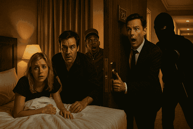Gruppe erschrockener Hotelgäste in einem Zimmer, während maskierte Gestalten im Hintergrund auftauchen – symbolisch für unerwartete Zwischenfälle.
