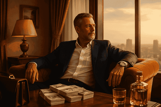 Ein eleganter Mann im Anzug sitzt in einem luxuriösen Raum mit Blick auf die Stadt – Symbol für Erfolg und Lebensstil.
