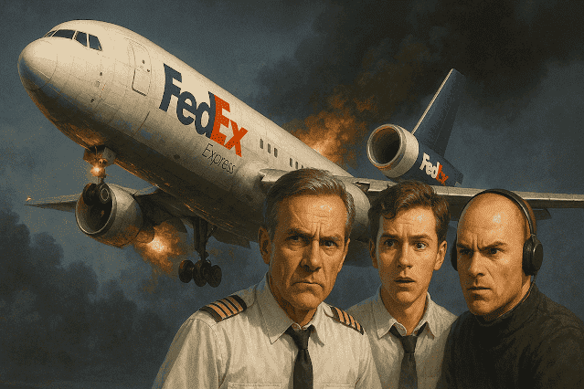 Drei Männer in Uniform vor einem brennenden Flugzeug – symbolisch für den dramatischen Zwischenfall an Bord von FedEx Flug 705.