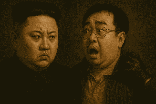 Zwei Männer im Porträt, einer schockiert, einer streng – symbolisch für familiäre Spannungen und politische Intrigen in Nordkorea.