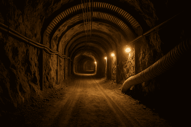 Ein beleuchteter Tunnel mit Kabeln und Belüftungsschächten – Symbol für einen außergewöhnlich geplanten Raubüberfall.