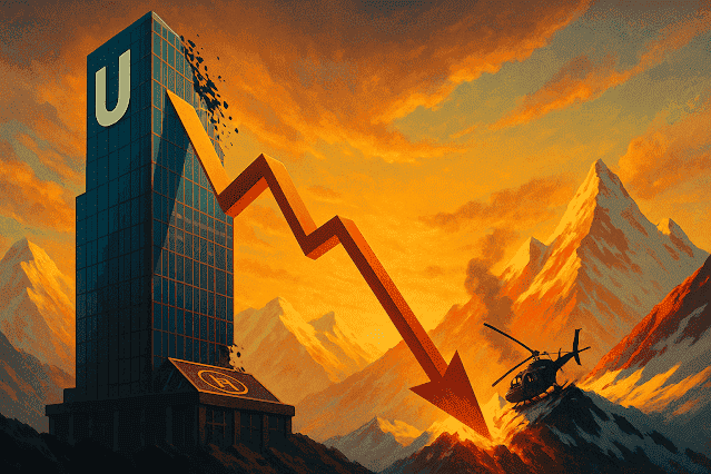 Ein Hochhaus mit fallendem Pfeil vor Alpenkulisse und Helikopter – Symbol für den Niedergang eines einst erfolgreichen Unternehmens.