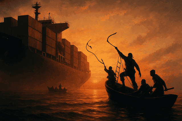 Bewaffnete Männer in einem Boot nähern sich einem Containerschiff bei Sonnenuntergang – Sinnbild für moderne Piraterie.