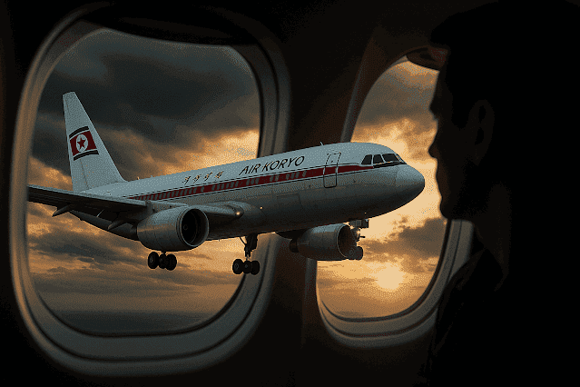 Blick aus einem Flugzeugfenster auf eine landende Air-Koryo-Maschine im Sonnenuntergang – Sinnbild für seltene Eindrücke.