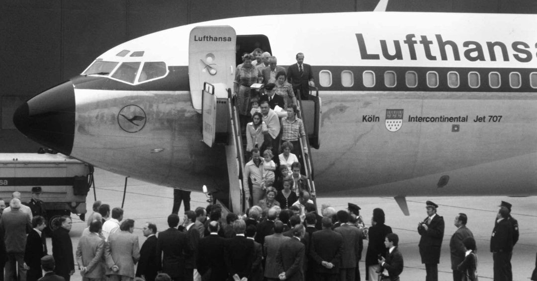 GSG-9-Einheit nach erfolgreicher Geiselbefreiung der Lufthansa-Maschine Landshut in Mogadischu, 1977