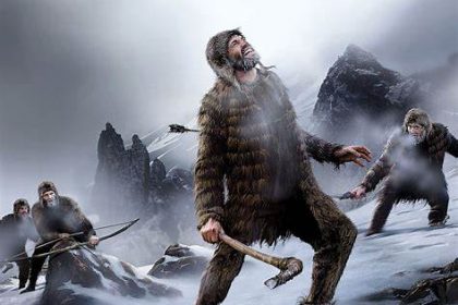 Illustration der Gletschermumie Ötzi, entdeckt in den Alpen, als bedeutender Fund aus der Jungsteinzeit mit einzigartiger Erhaltung.